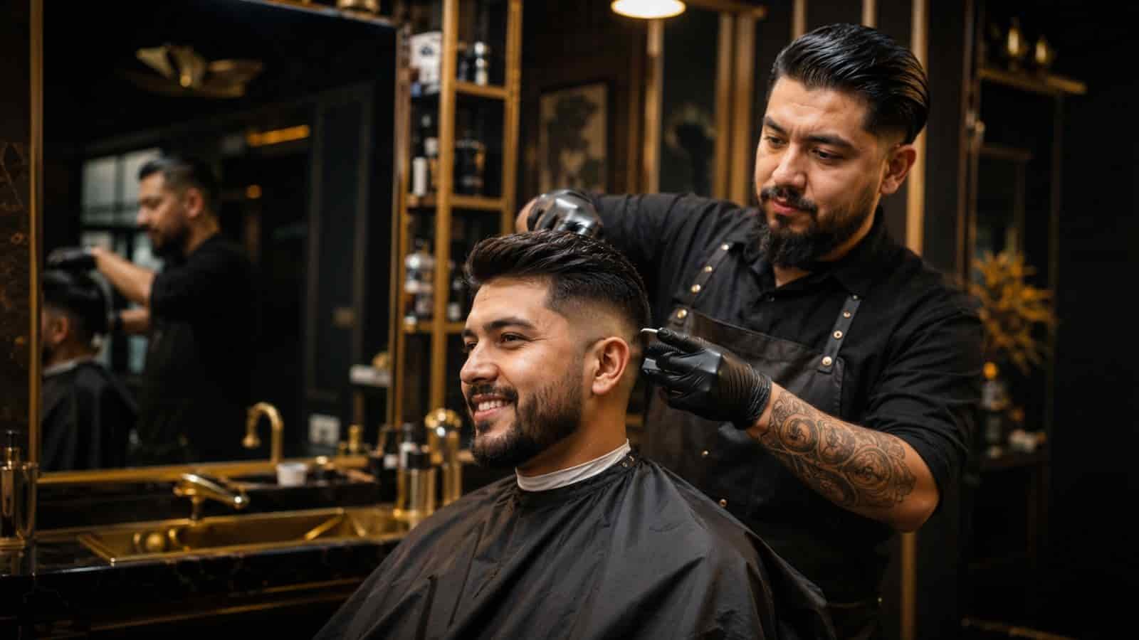 Barbero profesional realizando un corte de cabello en una barbería de Coacalco